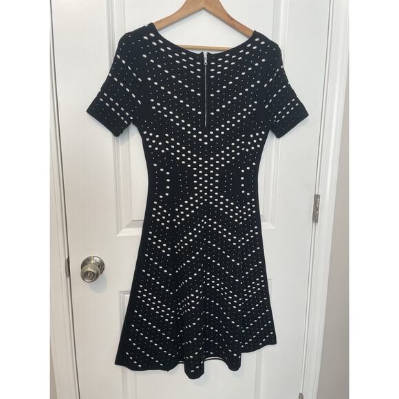 Milly Pointelle Knit Sweater Dress M Black White Fit & Flare Scoop Neck $395 - Picture 4 of 14